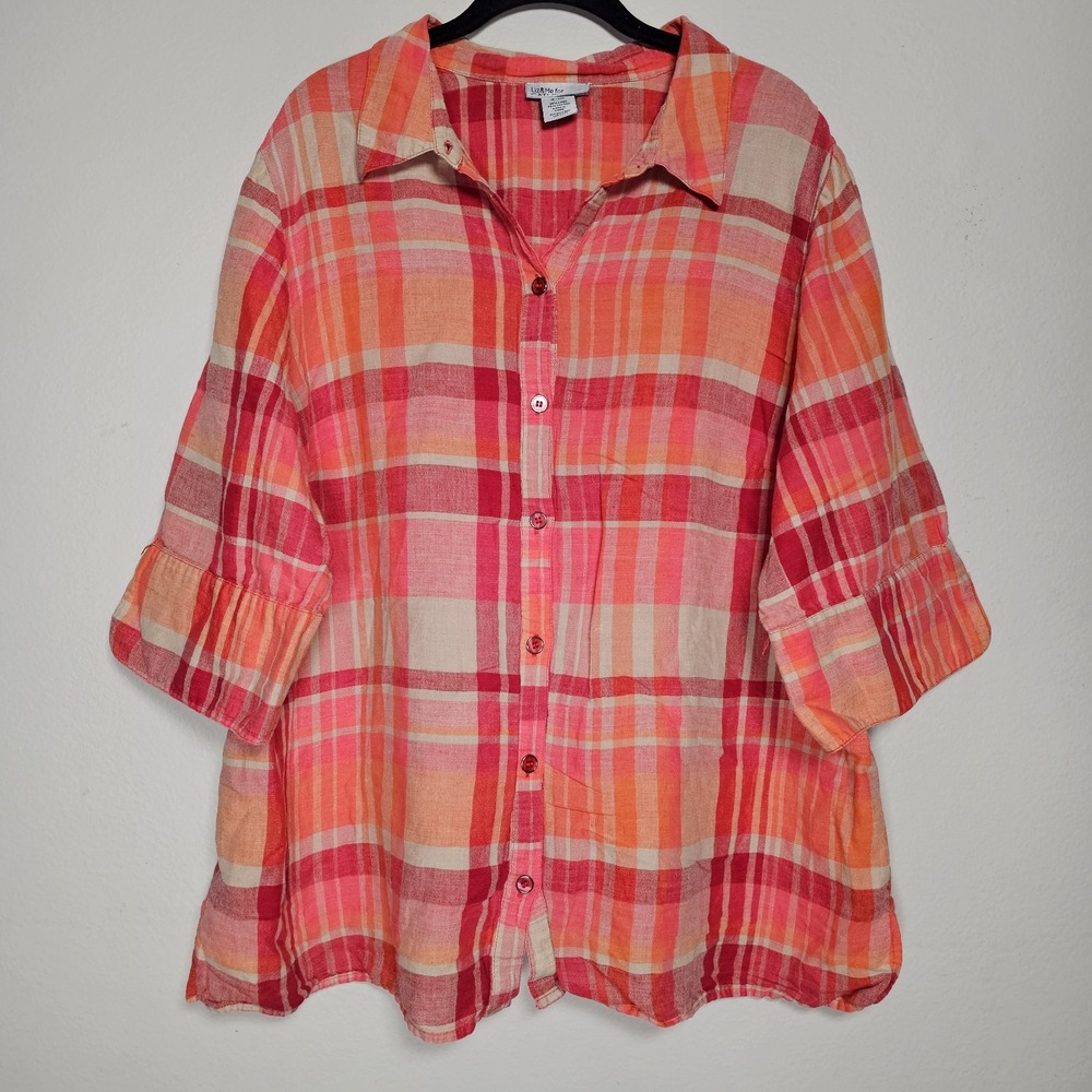 Catherines Liz and Me Womens 1X Plaid Linen Blend Button Top Red Country Mature